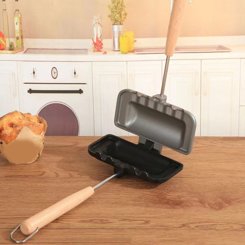 Double Sided Baking Pan Aluminium Alloy Frying Pan Wooden Handles