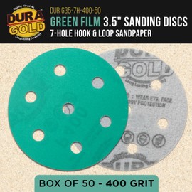 Dura-Gold Premium 400 Grit 3.5" (90mm) Green Film Sanding Discs, 7-Hole Pattern, Box of 50 - Fits Festool RO 90 Rotex Hook & Loop Backing Sandpaper for Random Orbital Sander, Auto Paint Wood Furniture