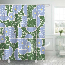 DeeCabin Boho Abstract Colorful Floral Shower Curtain, Vintage Retro Patchwork Blue Green Flower Botanical Geometric Aesthetic Groovy Bathroom Decor Shower Curtain Set with 12 Hooks, 70X85IN