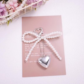 88flix Key Chain Pearl Charm Heart Charm Pearl Ribbon Silver Stylish Smartphone Charm, Silver