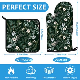 Botanical Print FloralOven Mitts and Pot Holders Sets Heat Resistant 4Pcs Potholders Oven Gloves Hot Pads for Kitchen Baking Cooking Grilling BBQ
