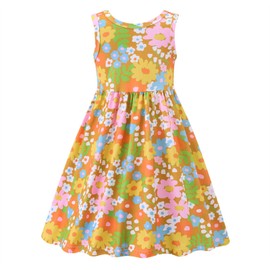 Toddler Girls Sundress Cute Orange Flower Print Groovy Birthday Dress Twirly Summer Dress with Pocket Size 4-5 Years