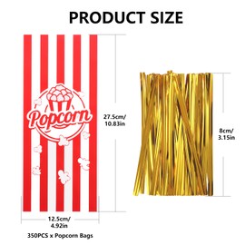WOPPLXY 350 PCS Popcorn Bags, 27.5 x 12.5CM Popcorn Plastic Bags with Twists, Movie Night Popcorn Boxes Candy Snack Container Bags for Party, Cinema