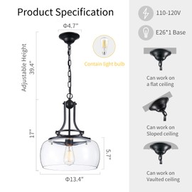 WUZUPS Chandelier Rustic Farmhouse Industrial Round Ceiling Pendant LED Light Fixture with Clear Glass Shades for Dining Room Kitchen Island Foyer Entryway, H 17" x W 13.4", E26 Base, Black