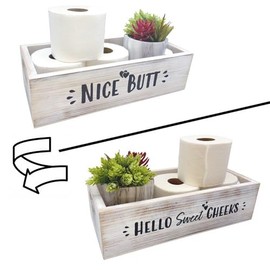 Admired By Nature Distressed Decorative Home Décor Nesting Organizer Wooden Rectangle Gift Wood Crates, Rustic White Storage Container for Bathrooms 'Nice Butt Hello Sweet Cheeks' Phrase