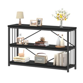 IBF 3 Tier Bookshelf Storage Organizer, Industrial Short Wide Open Horizontal Bookcase, Farmhouse Low Wood Metal Book Shelf for Office, Modern Vintage Etagere in Bedroom Living Room, Rustic Oak, 47 In