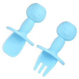 baby Fork and Spoon Set Self Feeding, Silicone Baby Utensils BPA Free Baby Training Spoon and Fork First Stage Baby Feeding Spoon for Toddler Kids Blue