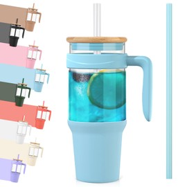 Tronco 40 oz Glass Tumbler with Straw and Bamboo Lid, Reusable Glass Tumbler with handle, Fits in Cup Holder, Iced Coffee Cup Smoothie Cup