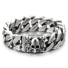 Mens Large Vintage Brushed Silver Finishing Steel Curb Chain Bracelet with Fleur De Lis and Skull(CA)