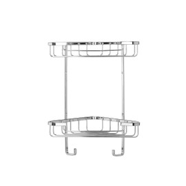 Croydex Small Two Tier Corner Basket - Bathroom Storage Solution, Chrome Shower Caddy, Wall-Mounted Bathroom Accessory with Hooks, Mild Steel, Includes Wall Plugs & Screws, Max Load 5kg