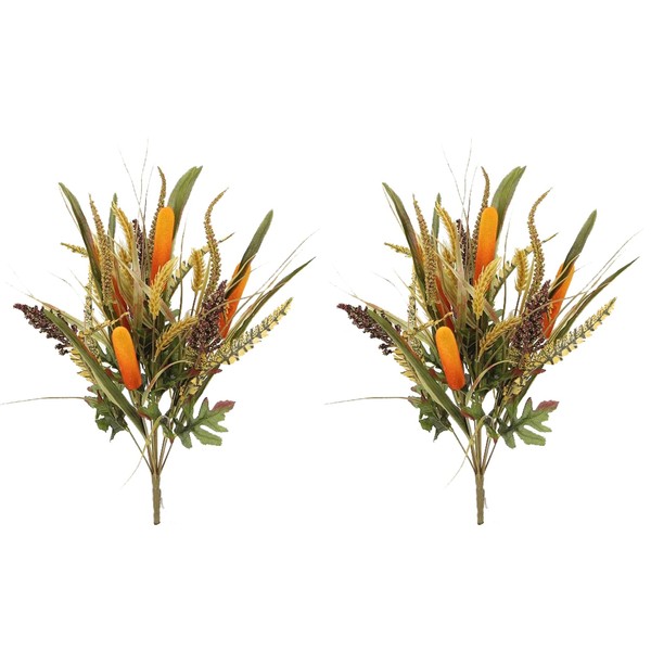 Admired By Nature 14 Stems Faux Cattail Wheat Fall Mix Bush Arrangement, GPB4407-GOLD-2, Set of 2, 21x7x9 in