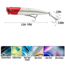Dr.Fish Saltwater GT Popper 5.5inch 1.4oz Fishing Lures VMC Treble Hooks Surf Fishing Offshore Wire-Through Saltwater Freshwater Salmon Pike Red White