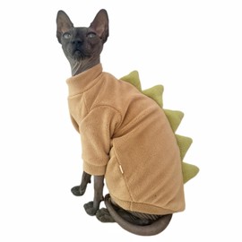 Dinosaur Sphynx Cat Clothes, Soft Polar Fleece Sweater for Cat, Elastic Pet Clothes Thick Winter Warm Outfit for Hairless Cat, Devon, Cornish, Small Dogs Apparel with Sleeves (Khaki, Small)