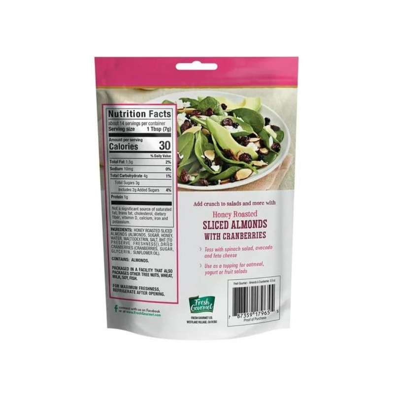Fresh Gourmet Honey Roasted Sliced Almonds & Cranberries (3.5 Ounce