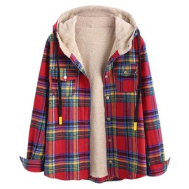 ZAFUL Women's Unisex Casual Plaid Fleece Jacket Hooded Flannel Lined Pocket Shirt Coat Drawstring Fuzzy Hoodie