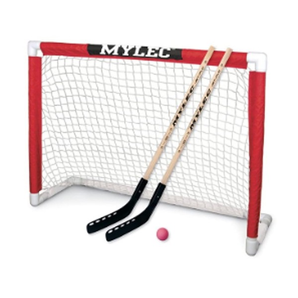 MyLec Deluxe Hockey Set, with 1 Hockey Goal, 2 43" Hockey Sticks & 1 Soft Ball, Sleeve Netting System, PVC Tubing Net, Lighweight & Durable, Enhanced Grip, Pre-Curved Mini Hockey Stick (Red/White)