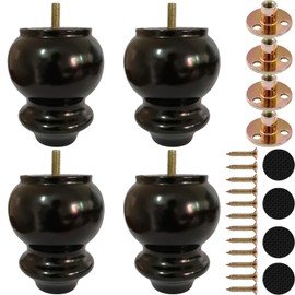 Hyever 4 Inch Wood Furniture Legs Black Sofa Legs Replacement Wooden Bun Feet with Hanger Bolts and T Nuts for Sofa Couch Chair Table Desk Bed Cabinet Set of 4