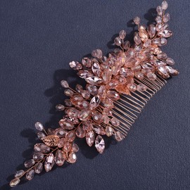 Lenjicons Luxuries Pink Rhinestone Beads Hair Comb Rose Gold Leaf Rhinestone Hair Comb Bridal Crystal Hairpiece Vintage Crystal Beads Headpiece with Leaves for Wedding Women (pink)
