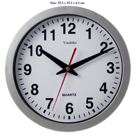 Youshiko Stylish Silver & White Bold Classic Quartz Wall Clock Non Ticking Silent (25cm / 10-Inch Diameter), Home/Kitchen/Office/School Clock, Easy to Read