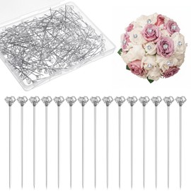 200Pcs Diamond Flower Pins, 2 Inch Rhinestone Corsage Bouquet Pins Clear Crystal Straight Head Bouquet Pin for Flowers, Boutonniere, Wedding, Jewelry DIY Decoration, Quilting and Craft