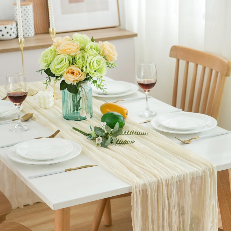 CHUQING Table Runner Beige Boho Gauze Cheesecloth Table Runner for