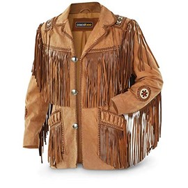 Men's Traditional Cowboy Western Leather Jacket Coat with Fringe Native American Jacket Suede Beaded (L) Black