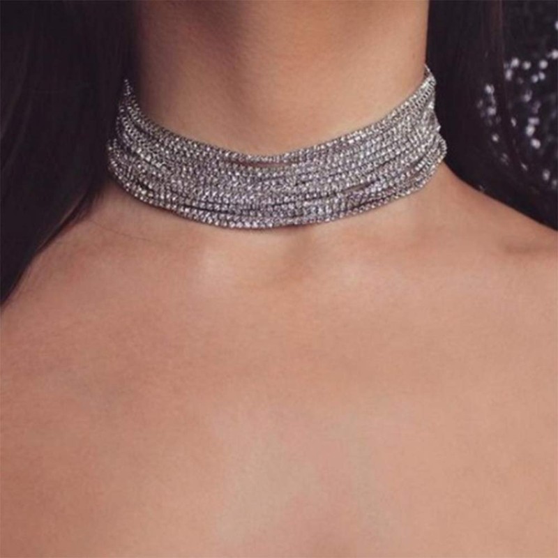 (Silver) - YERTTER Multi Layered Chain Rhinestone Choker Fully Diamond