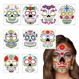 Guibell Tatuajes Temporales para Rostro de Día de Muertos, 9 Piezas Tatuajes de Calaveras de Azúcar Impermeables, Dia de Muertos Decoracion,Decoraciones para Fiesta de Disfraces (Multicolor(B))