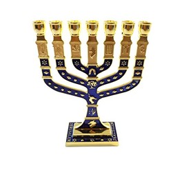 Menorá judía esmaltada azul miniatura 7 ramas