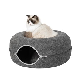 Adeco Cat Cave Bed, 23.6in Premium Felt Cat Bed for Indoor Cats, Detachable & Washable Cat Tunnel Bed for Large Cats Up to 30-45 Lbs, Scratch Resistant Donut Cat House, Dark Grey