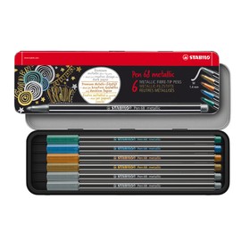 Metallic Premium Felt Tip Pen - STABILO Pen 68 Metallic - Tin of 6 - Assorted Colours - with Hanging Device