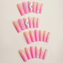 Press On Nails Long Square Fake Nails French Tip False Nails Rhinestone With Flower Designs Glue On Nails Glossy Stick On Nails Full Cover Acrylic Nails Press Ons For Women