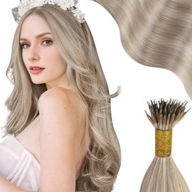Moresoo Nano Bead Hair Extensions Human Hair Ash Blonde Nano Ring Hair Extensions Ash Blonde Highlight White Blonde Nano Tip Hair Extensions Human Hair Nano Hair Extensions Invisible 50G/50S 18Inch