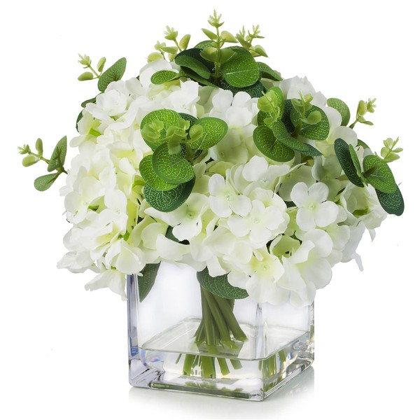 ENOVA FLORAL Silk Hydrangea Artificial Flowers with Vase, Mixed Fake