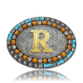 Aswitnove Western Belt Buckle Golden Initial Letter ABCJMR to XYZ Vintage Turquoise Cowboy Belt Buckles for Men Women, Turquoise Gold R, Medium