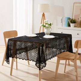 LinenZone Rectangular Lace Tablecloth with Leaves Design. Each Black Tablecloth Measures 60 x 84 Inches. Leaf Tablecloth for Farmhouse Table Decor or Rustic Kitchen Decor. (Amelia 60 x 84, Black)