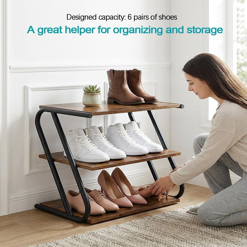 RUNJIMY 3-Tier Shoe Rack, Rustic Wood Look Shoe Organizer with