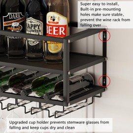 sumatos Floating Bar Shelves, Wall Mounted Wine Rack with Glass Holder, Metal Hanging Wall Bar Shelf Wine Display Storage Rack for Home, Dining Room Kitchen (Black, 2 Tier)