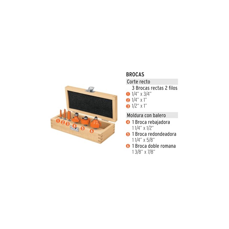 Truper JBROU-6, Juego de brocas para router, 6 piezas