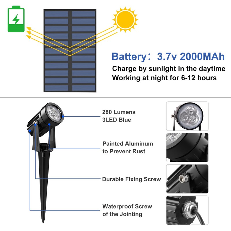 CREPOW Blue Solar Spot Lights Outdoor,2 Pack Solar Landscape Spotlights