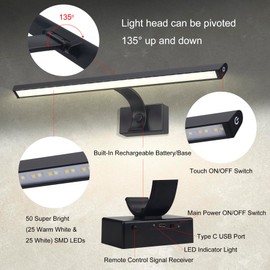 BIGMONAT 16inch Wireless LED Picture Light with Remote, 4400mAh Rechargeable Operated Picture Light with Timer and Dimmable, Metal Display Lamp for Wall, Frame Portrait Art, Matte Black