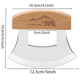 WIUCYS 5inch Alaskan Mezzaluna Ulu Knife, Salad Veggies Rocker Chopper Slicer Cutter Hashing Chopping Mincing Cleaver with Wooden Stand Arthritic Tool