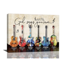 Musical Guitar Wall Art Colorful Rock Guitar God Says You Are Canvas Wall Decor Cool Rock Music Painting Prints Framed Artwork Decor for Bathroom Bedroom Living Room 12"x16"