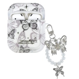 CameCosy for AirPods 1st&2nd Generation Case for Women with Silver Butterfly Keychain, Grey Butterfly Pattern Hard Shockproof Protective Premium Cover for AirPods 2nd Generation Case