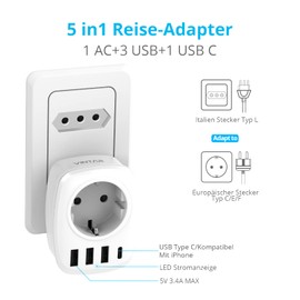 VINTAR Adapter Italy Socket, 5-in-1 Travel Adapter Italy with 3 USB Ports and 1 USB-C Port, Suitable for Travel Adapter in Italy, Maldives, Chile, Uruguay, White, CE Certification Type