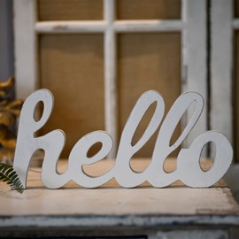 Rustic Distressed White Wooden Hello Sign for Home Decor 14", Wall Hanging Hello Door Sign, Handmade Outdoor Welcome Signs for Porch, Farmhosue Christmas Signs for Shelf Living Room