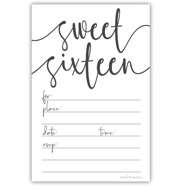 Classic Script Sweet 16 Invitations (20 Count) with Envelopes - Birthday Party