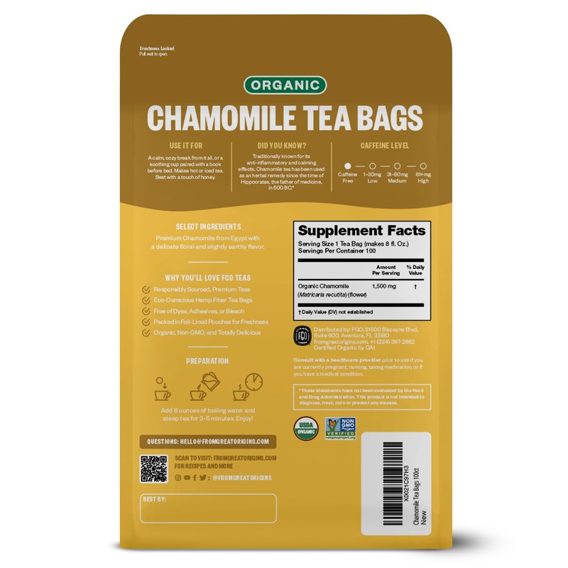 FGO Organic Chamomile Tea, 100 Eco-Conscious Tea Bags, Caffeine Free,