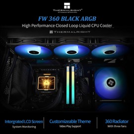 Thermalright FW360 Black ARGB CPU Water Cooler with 3 PWM Fans with 2000RPM,IPS LCD Screen with 320x240 Resolution,Liquid CPU Cooler with 2.4in LCD Display,CPU PC Aio Cooler for AM5/Intel LGA1851