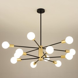 AMZASA Sputnik Chandeliers Ceiling Light Fixture, 12 Lights Modern Farmhouse Chandelier Black and Gold Mid Century Pendant Light for Dining Room, Living Room, Kitchen Island Entryway Foyer, UL Listed